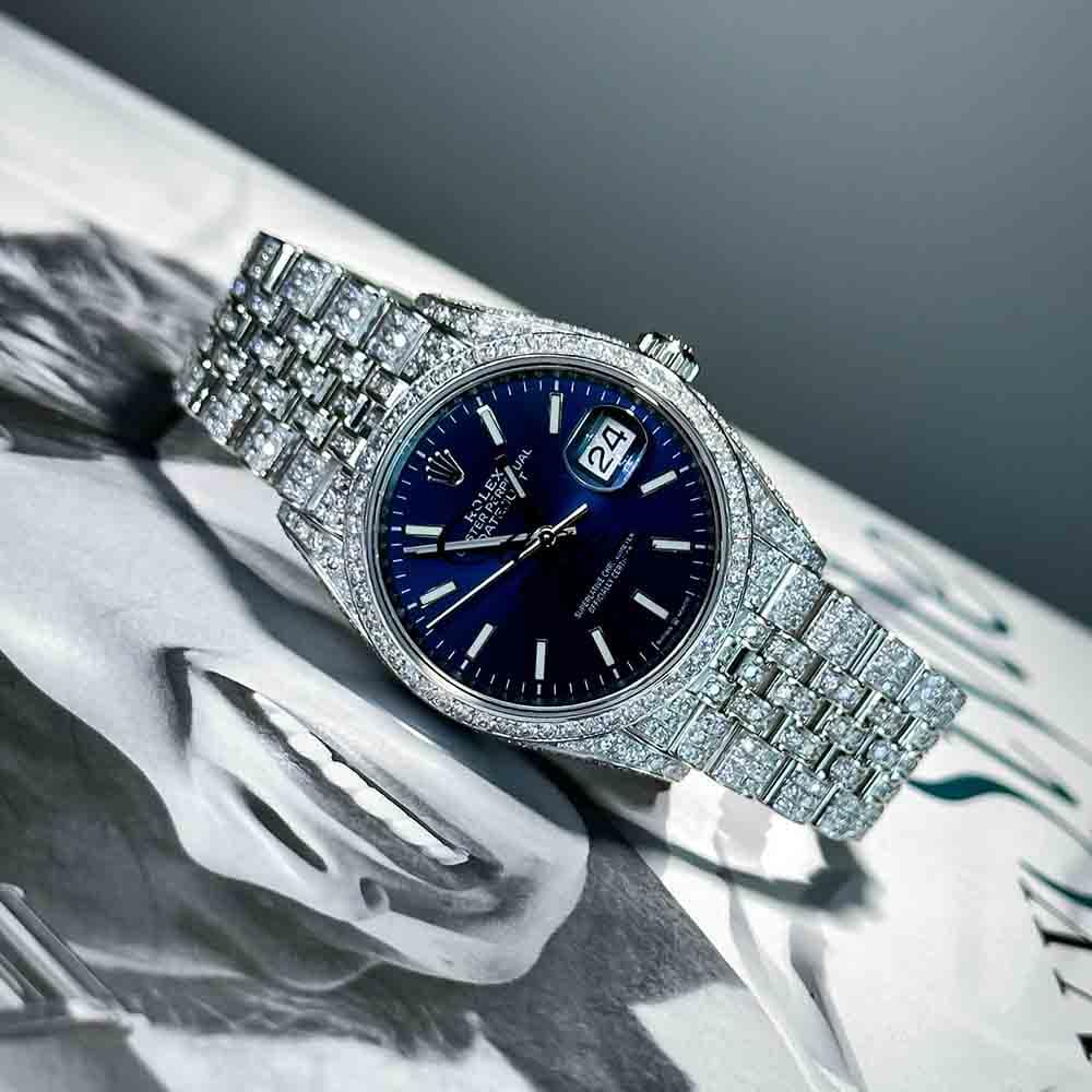 Large Model – Steel – Roman Dial – Blue Swords – Custom Pavé